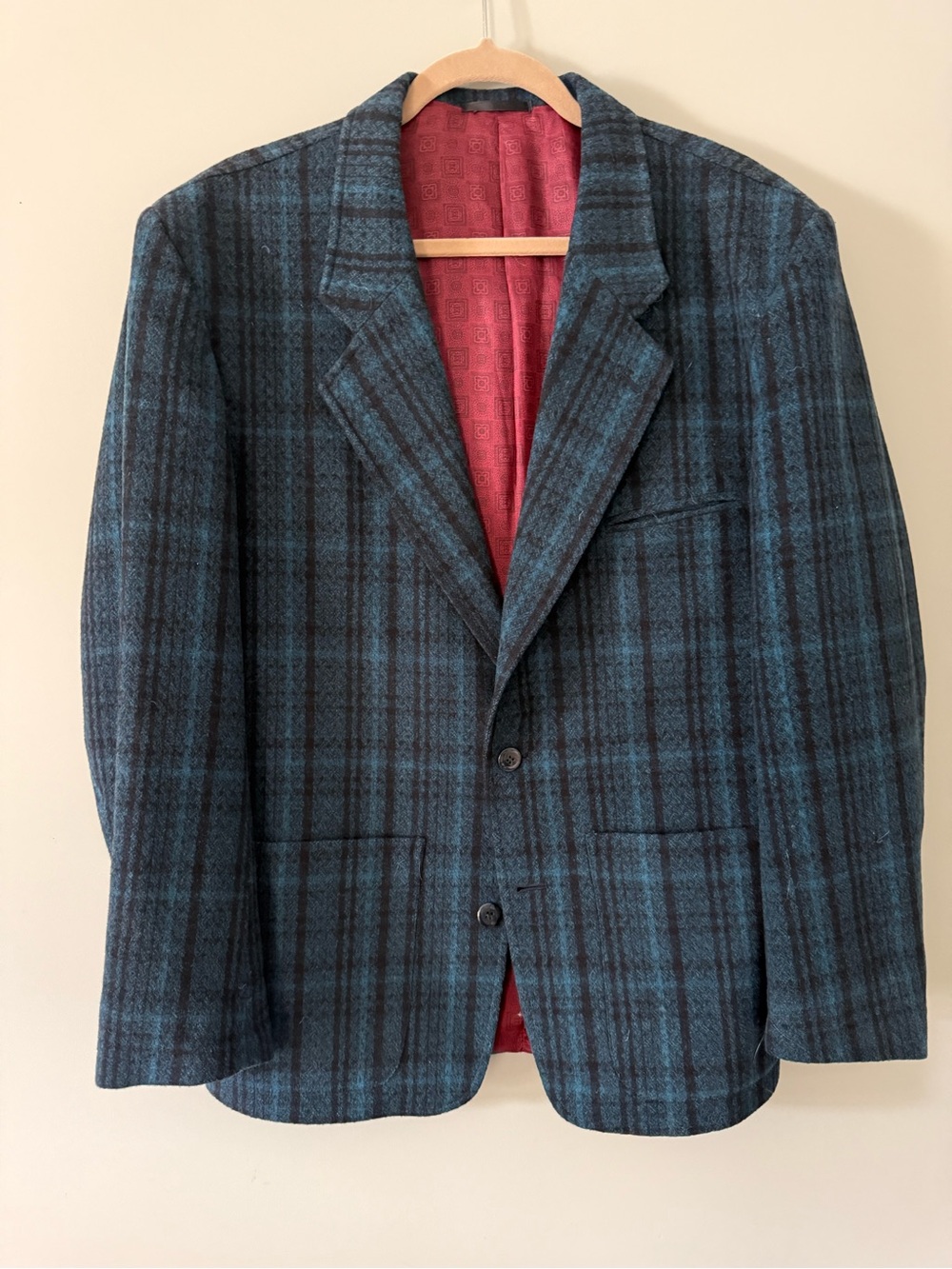 Men's Teal Plaid Wool-Blend Sport Coat - Classic Two-Button Blazer